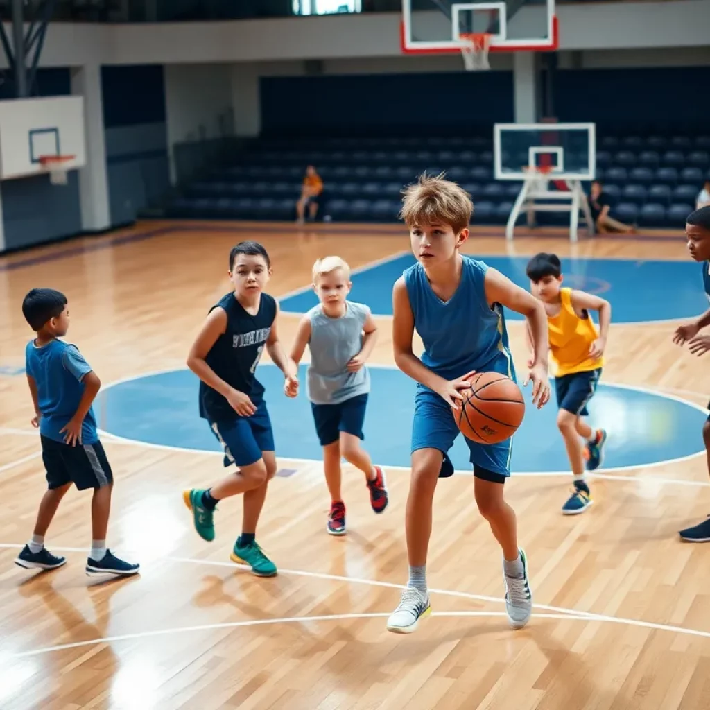 Young basketball players practicing teamwork on a court