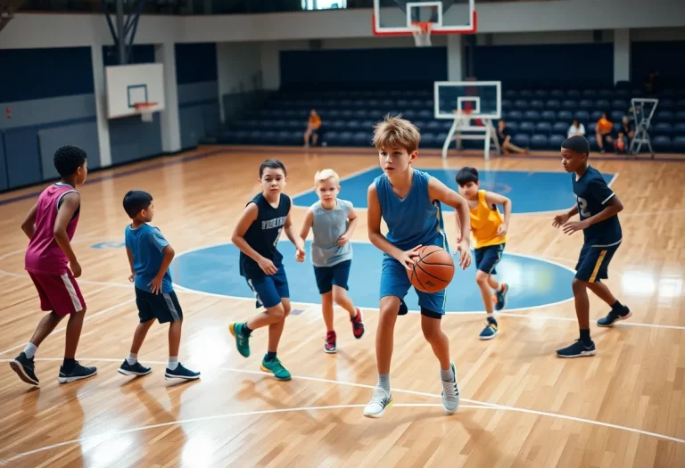 Young basketball players practicing teamwork on a court