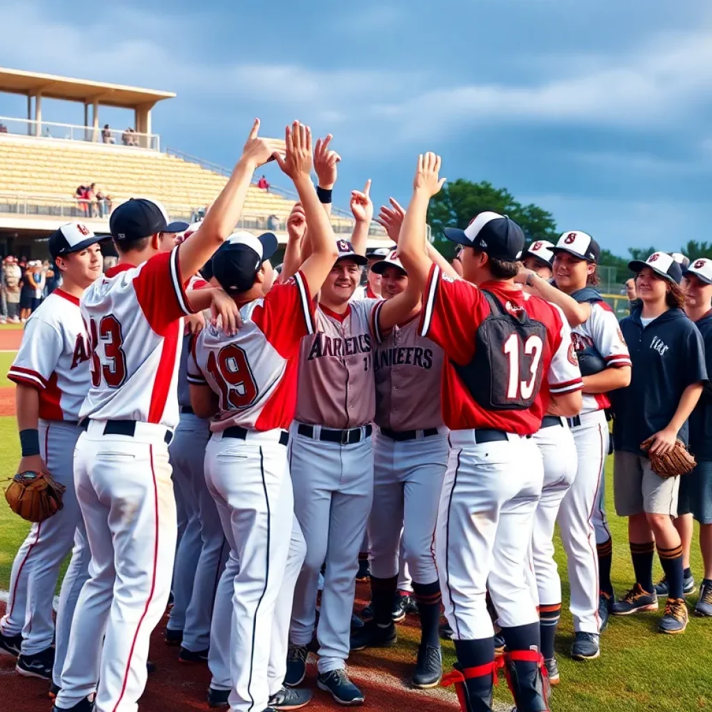 Celebration of Bay City Western baseball team after a game.