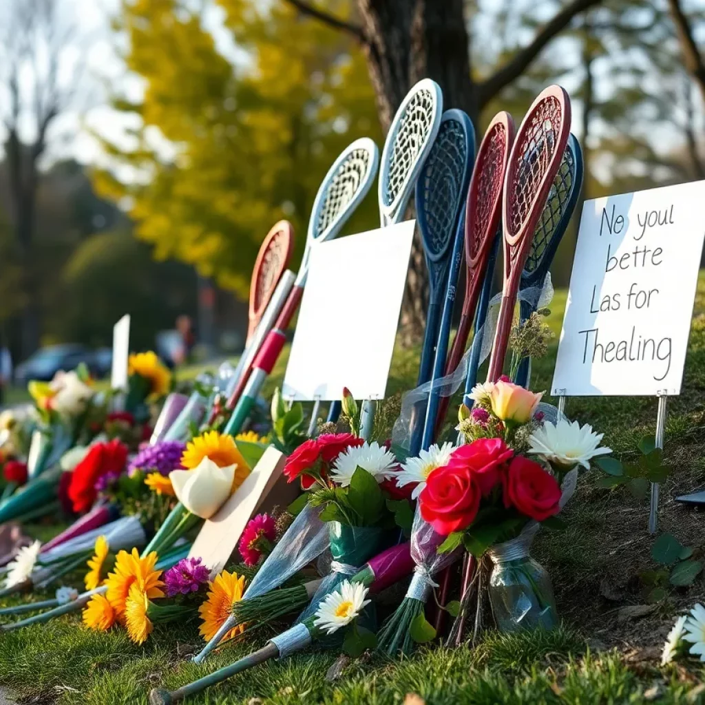 Memorial for Bay Village student with lacrosse sticks.