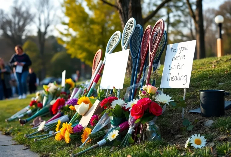 Memorial for Bay Village student with lacrosse sticks.