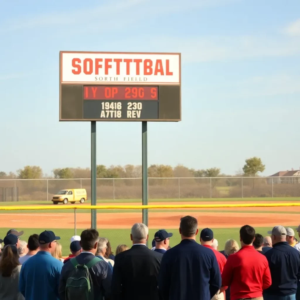 Crowd gathers at the rededication of Bee Stephens Softball Field