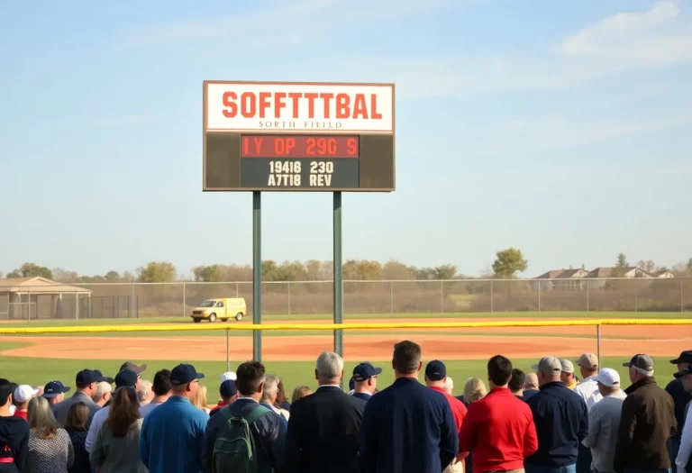 Crowd gathers at the rededication of Bee Stephens Softball Field