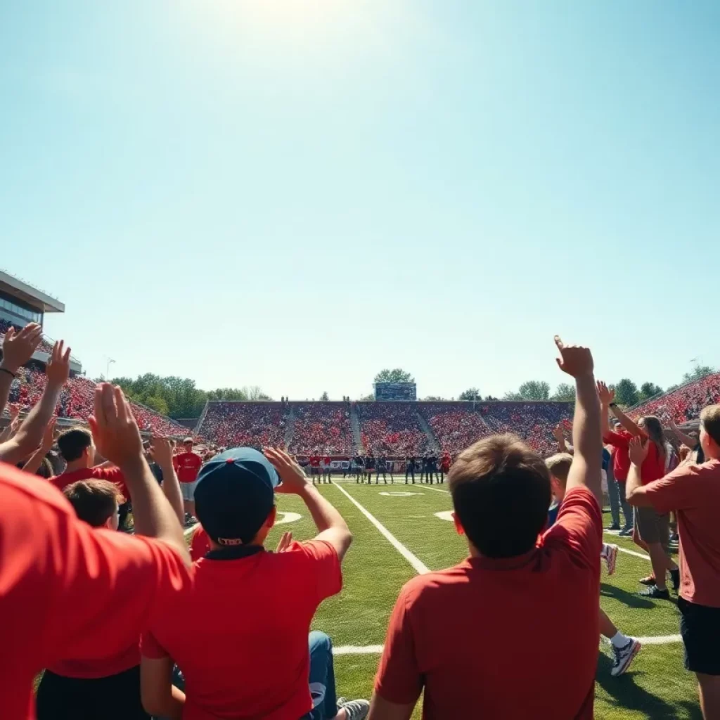 Fans cheering for the Bellaire Big Reds during a football game