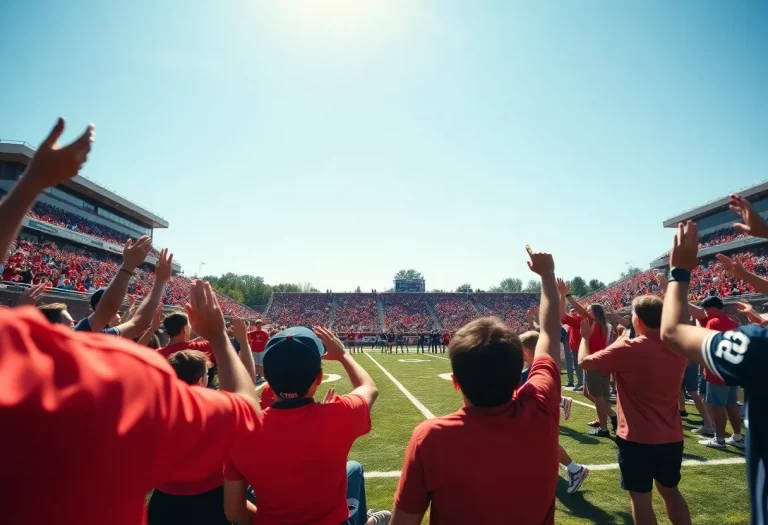 Fans cheering for the Bellaire Big Reds during a football game