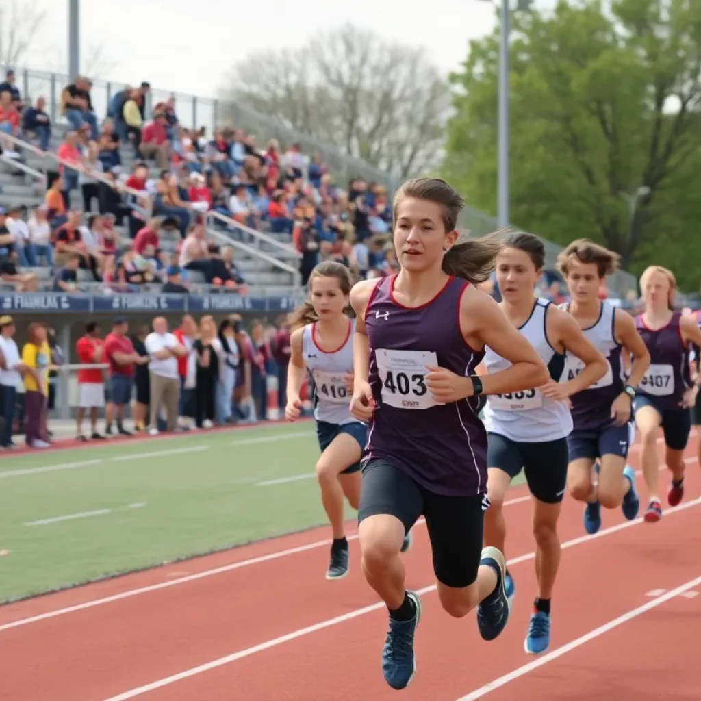 High school track and field athletes racing in a relay event.