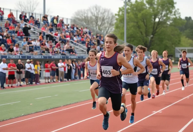 High school track and field athletes racing in a relay event.