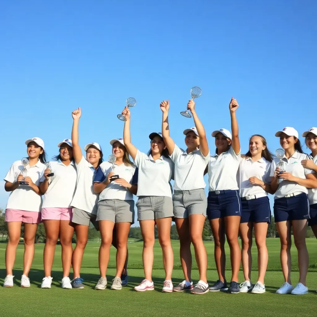 Benton High School girls golf team celebrating their state championship win on the golf course.