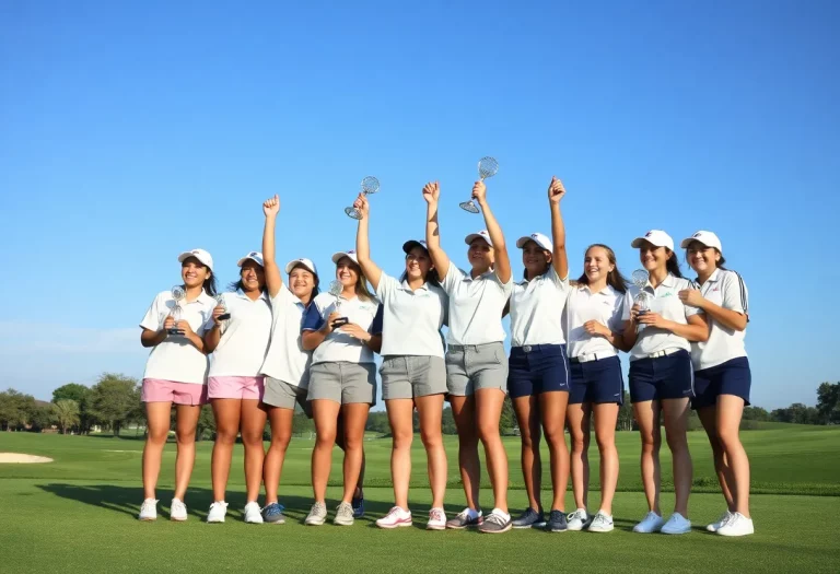 Benton High School girls golf team celebrating their state championship win on the golf course.