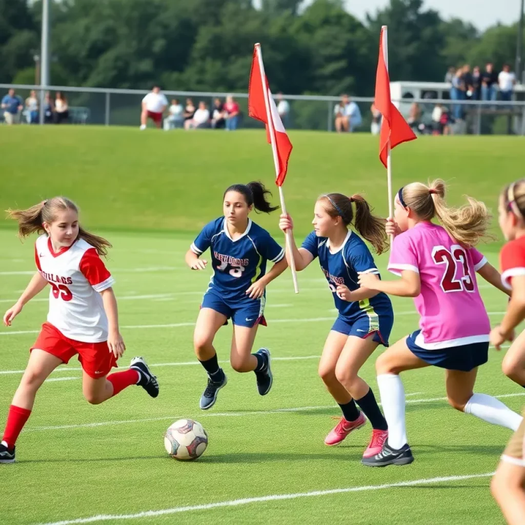 Girls flag football game with Birmingham Groves Falcons competing
