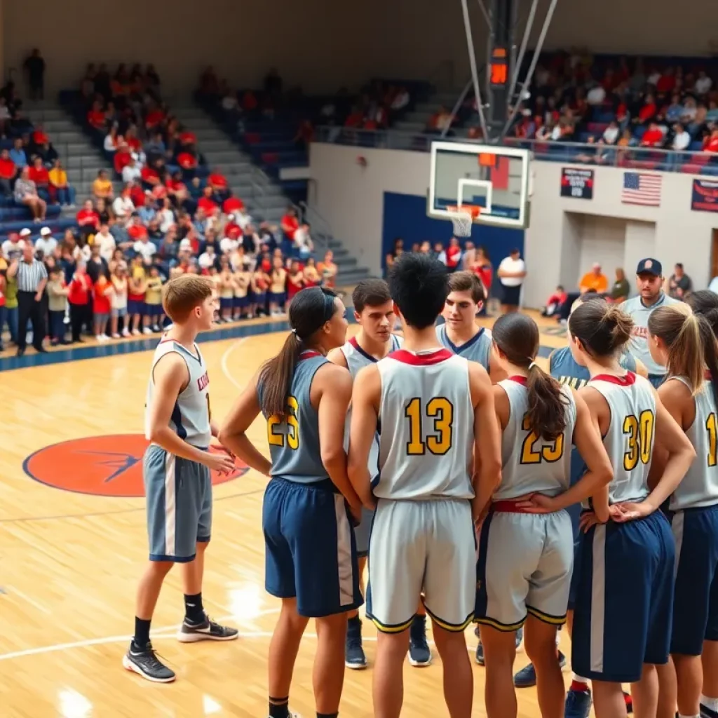 Boylan High School basketball team in a huddle discussing game strategies.