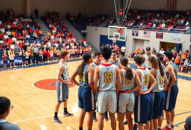 Boylan High School basketball team in a huddle discussing game strategies.