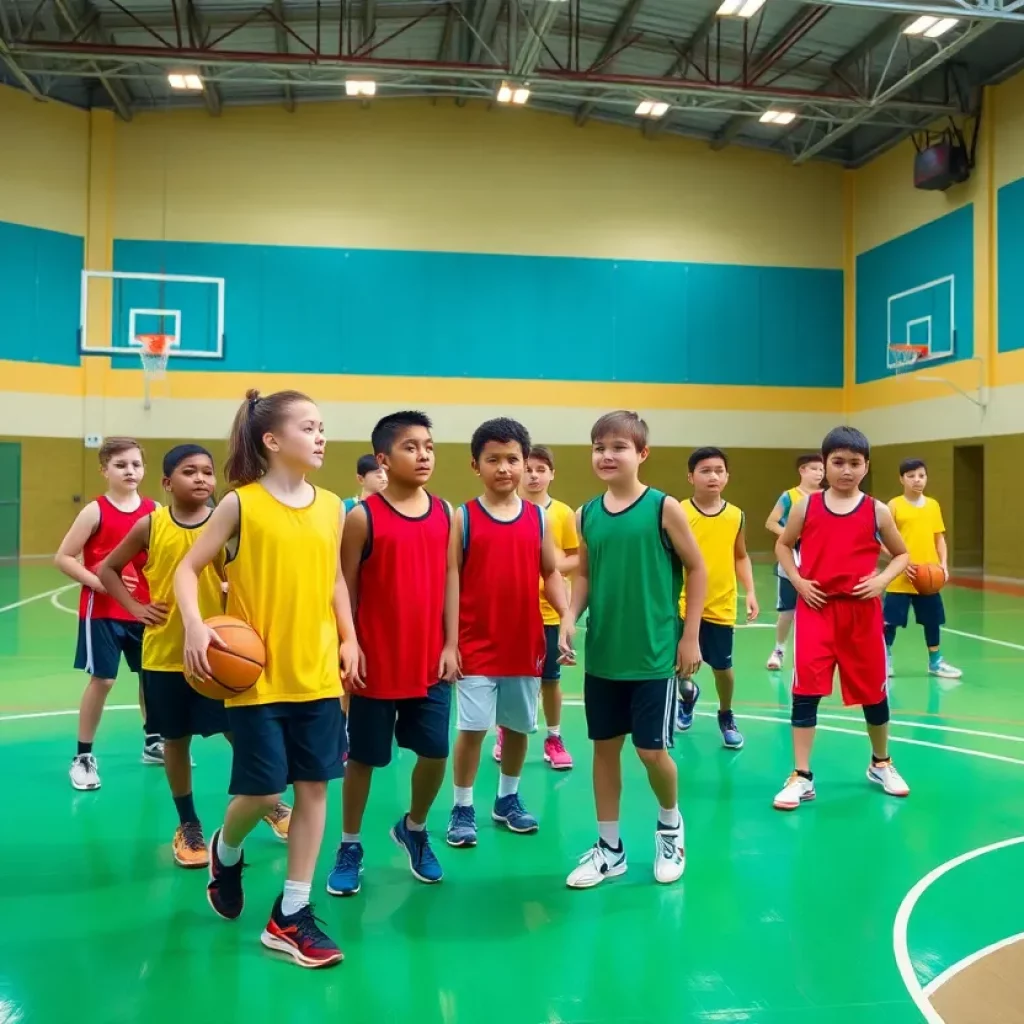Young basketball players practicing on the court at St. Henry District High School