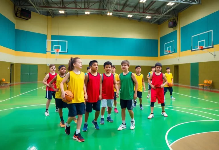 Young basketball players practicing on the court at St. Henry District High School