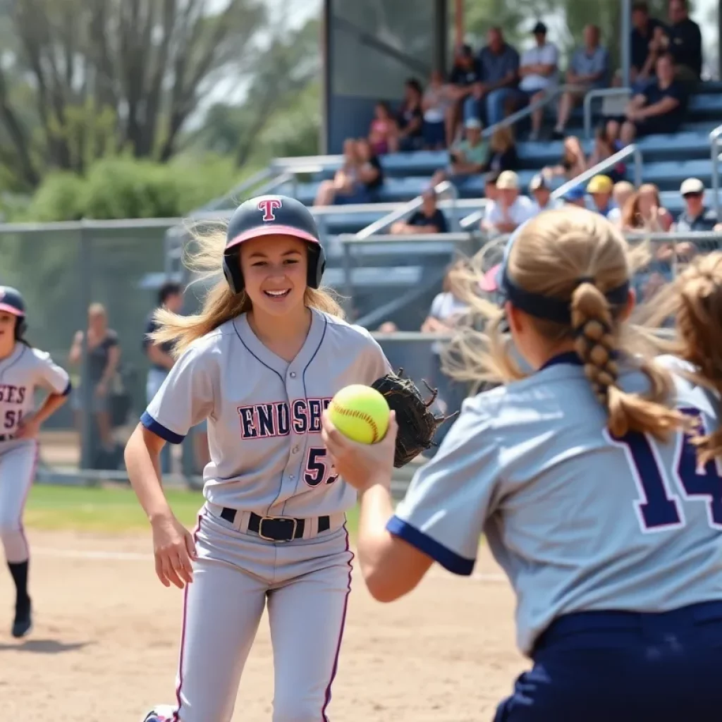 High school softball team playing a game with fans cheering.