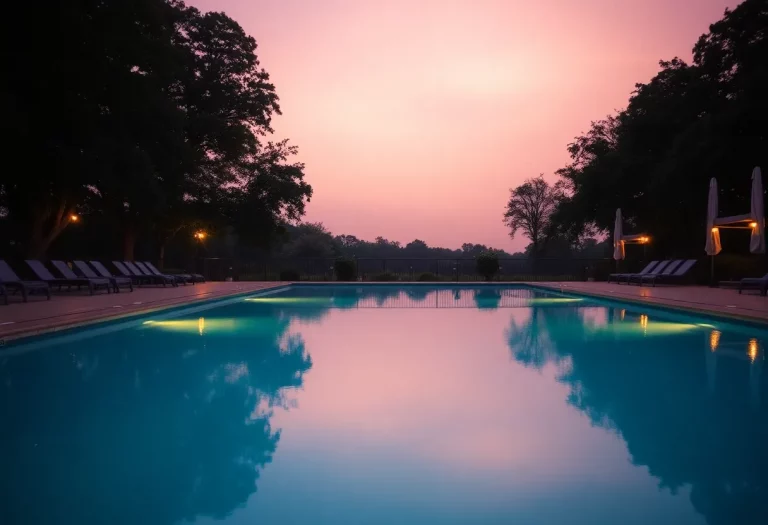 A tranquil swimming pool at dusk, symbolizing memories and legacy.