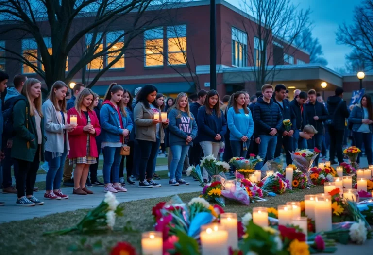 Candles and flowers at a memorial vigil for a young athlete