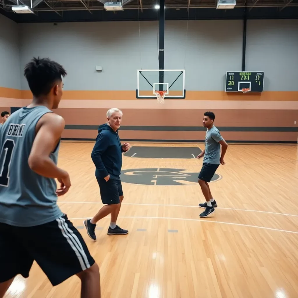 High school basketball team practicing on the court