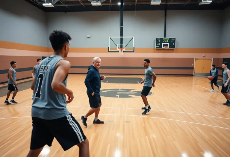 High school basketball team practicing on the court