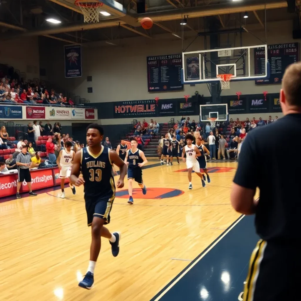 Action shot of a high school basketball game with players competing.