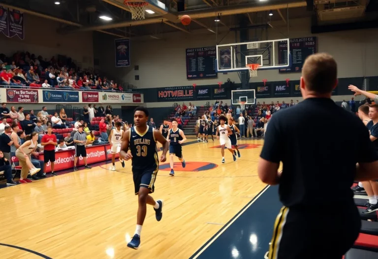 Action shot of a high school basketball game with players competing.