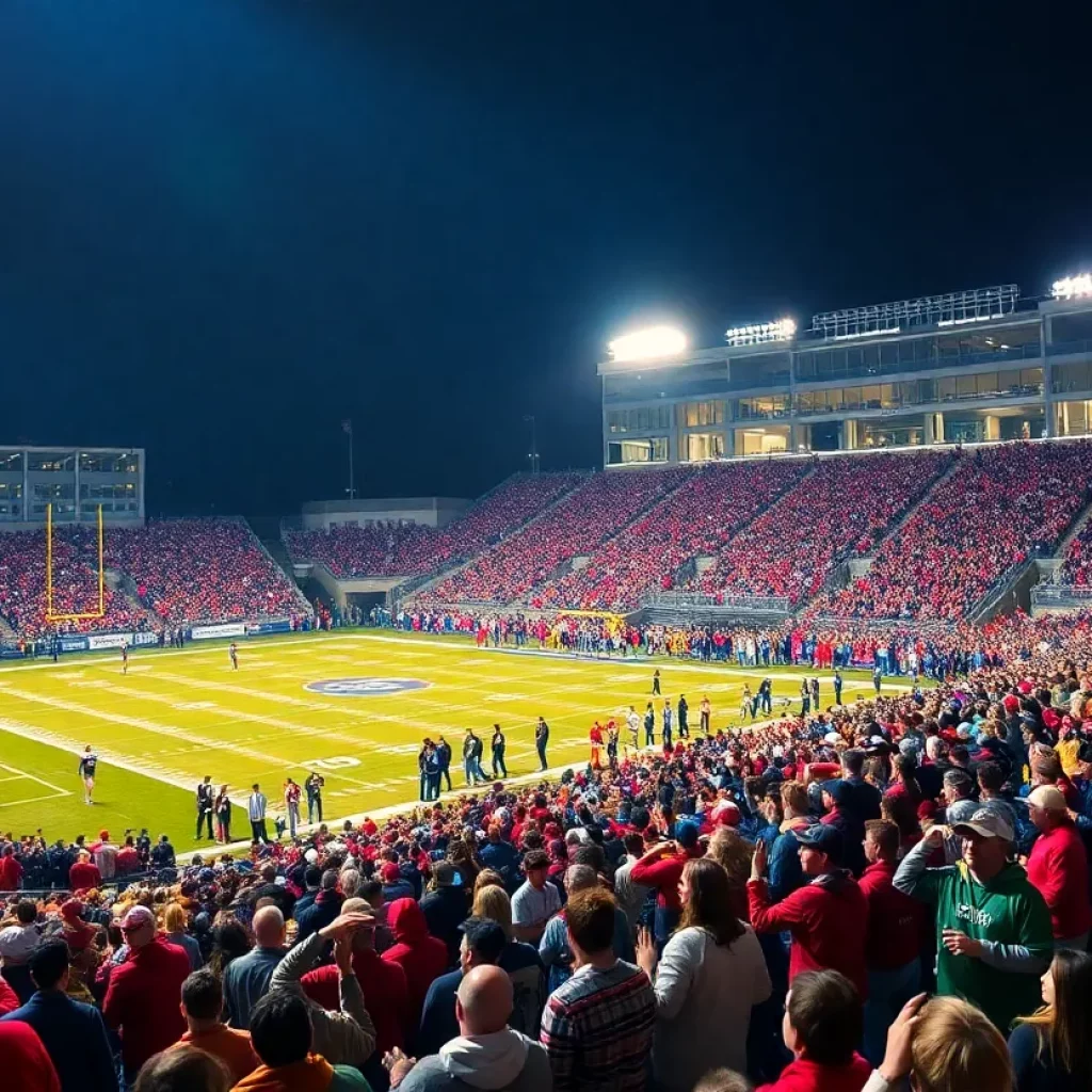 Excited crowd at Buford Wolves football stadium during a game