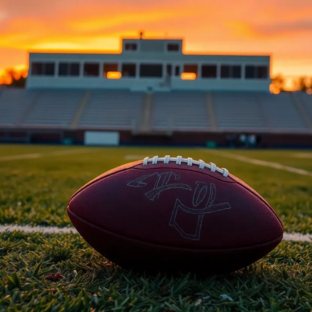 Empty Butler High School football field at sunset