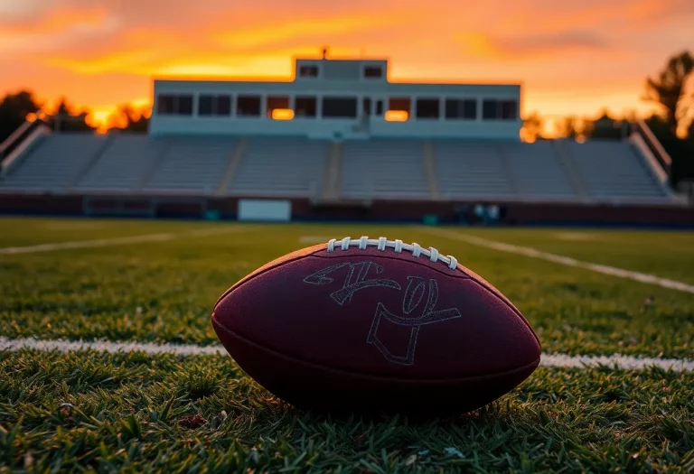 Empty Butler High School football field at sunset