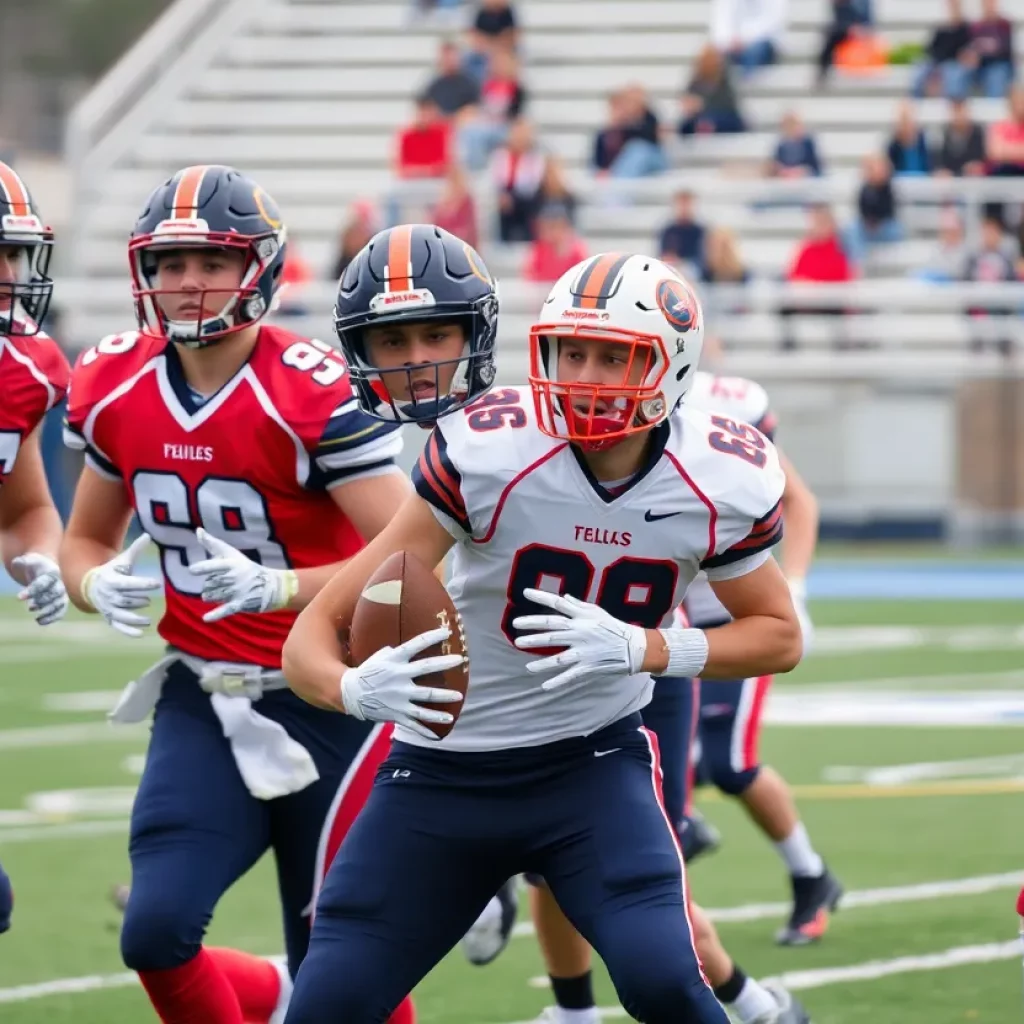 High school football players in action during a game representing CA Johnson High School.