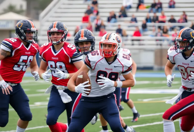 High school football players in action during a game representing CA Johnson High School.