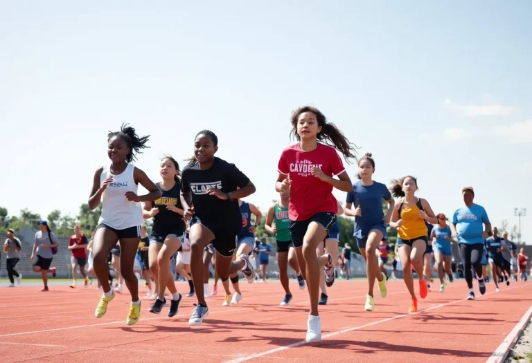 Diverse athletes competing at a California high school track meet.