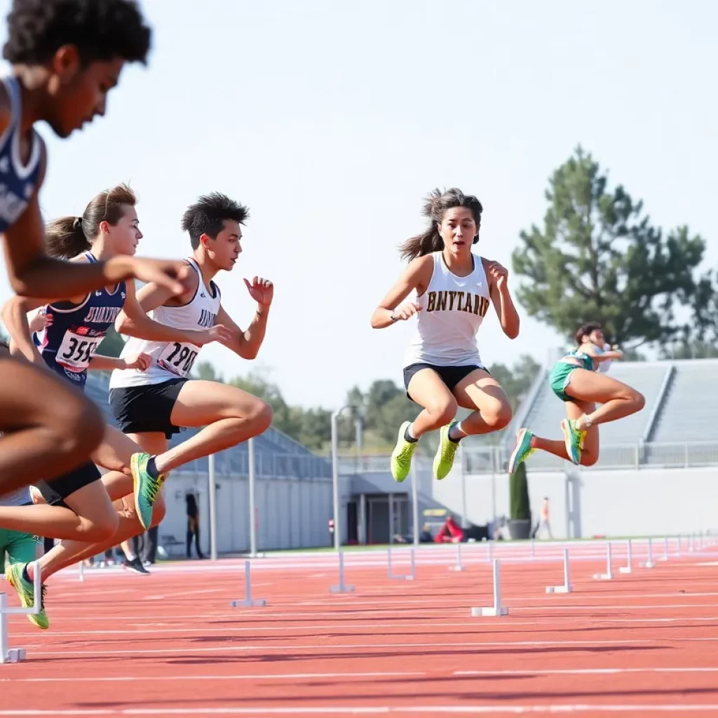 Diverse high school athletes competing in track and field events in California.
