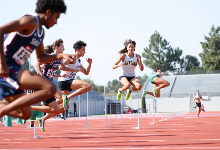 Diverse high school athletes competing in track and field events in California.
