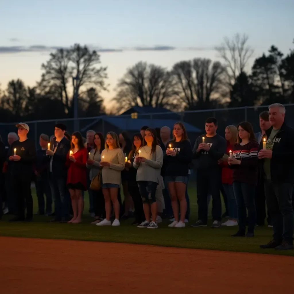 Community members gather for a candlelight vigil at a baseball field in New Prairie.