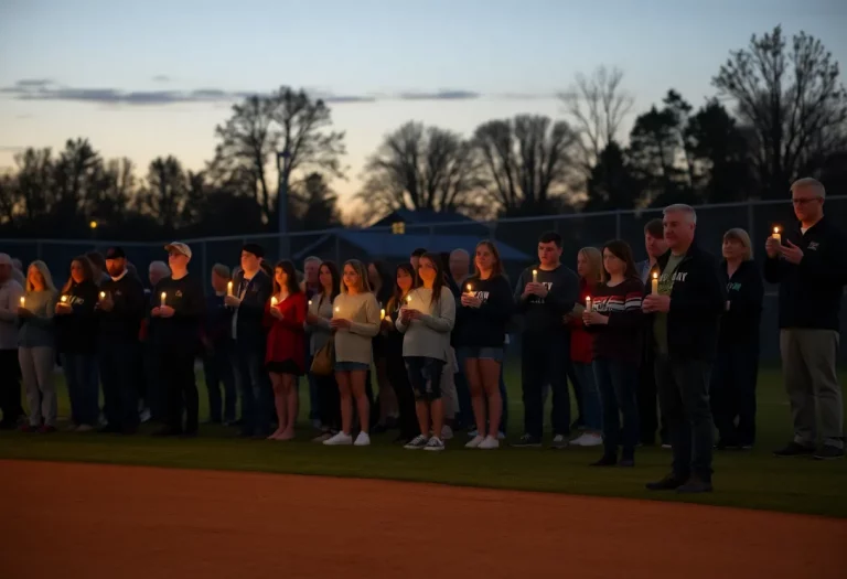 Community members gather for a candlelight vigil at a baseball field in New Prairie.