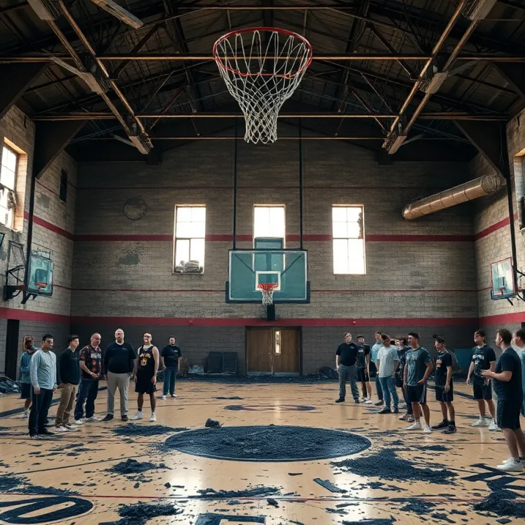 Devastated gymnasium after fire with basketball equipment