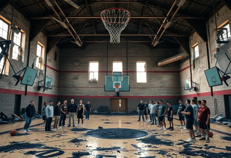 Devastated gymnasium after fire with basketball equipment