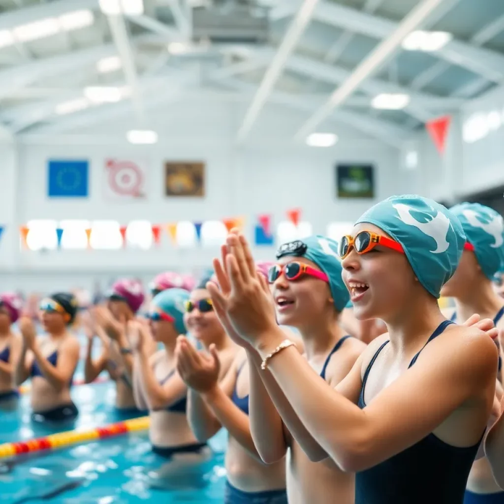 Carmel High School swim team celebrating at the new aquatic center