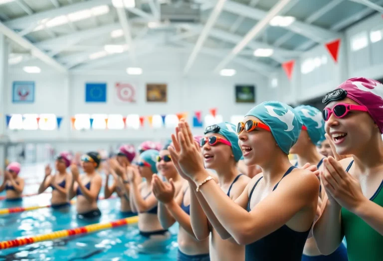 Carmel High School swim team celebrating at the new aquatic center