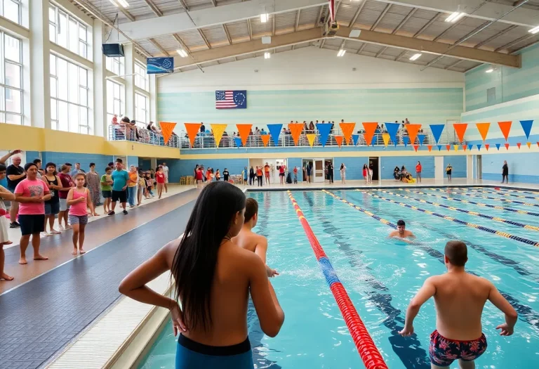 Carmel Indiana aquatic center with swimmers training.