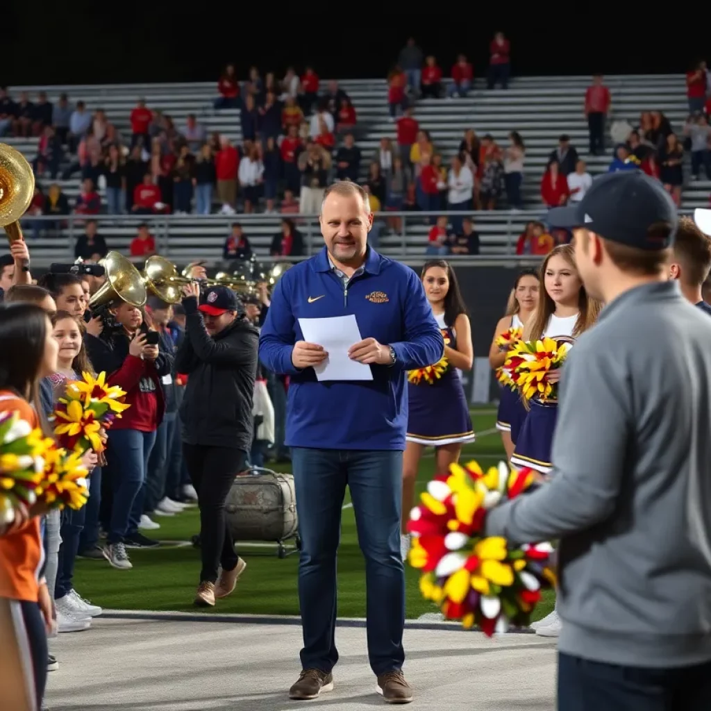 Students and cheerleaders celebrating the announcement of the new head coach at Carver-Columbus High School
