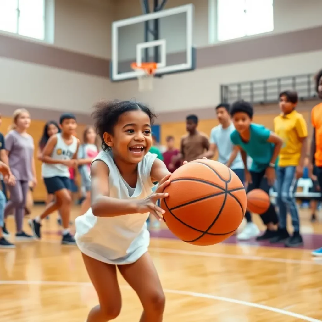 Community gym basketball game with diverse players