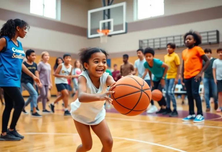 Community gym basketball game with diverse players