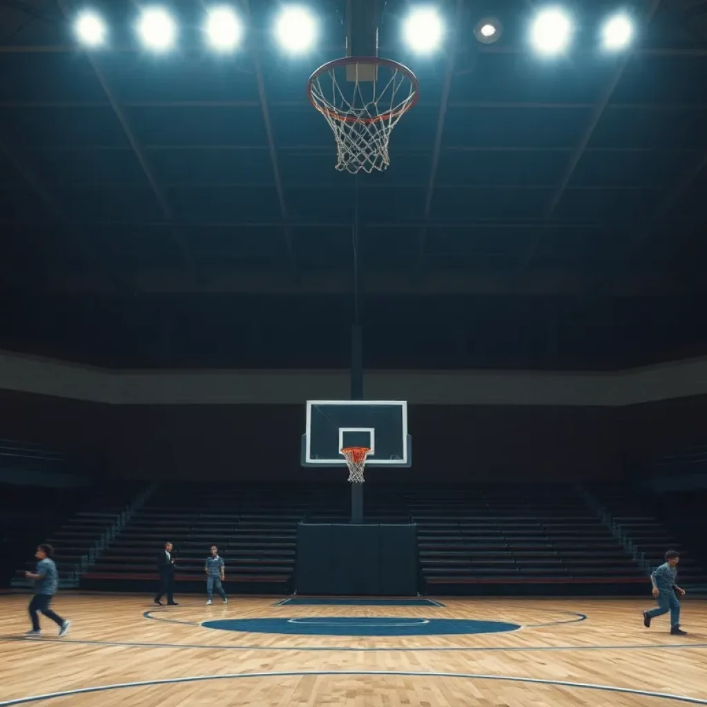 Basketball court with empty bleachers representing consequences of UIL violations.