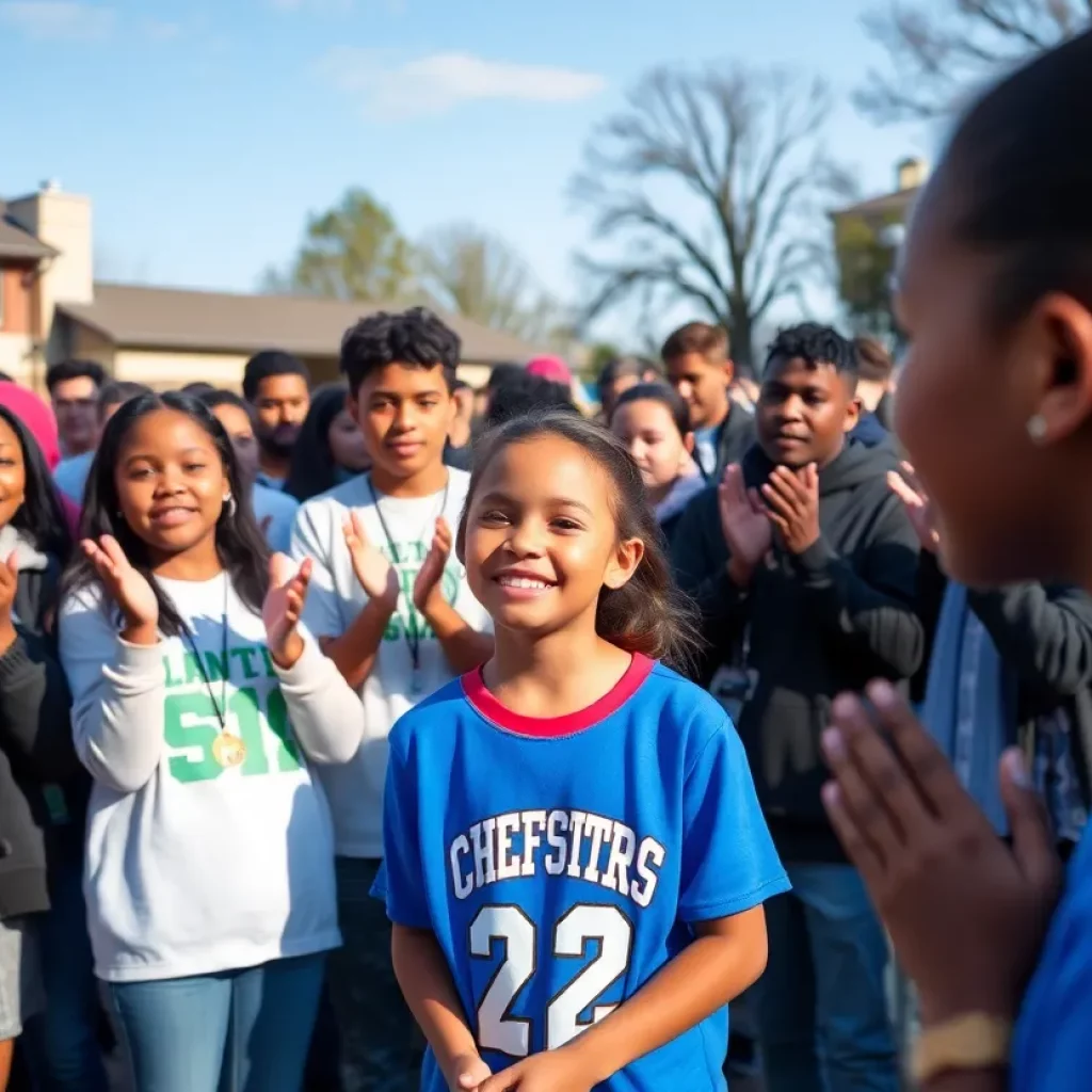 Students applauding during a recognition event for a student-athlete's community service.