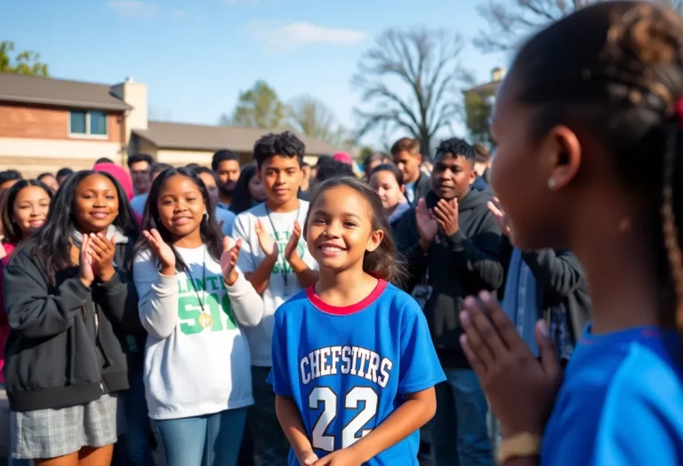 Students applauding during a recognition event for a student-athlete's community service.