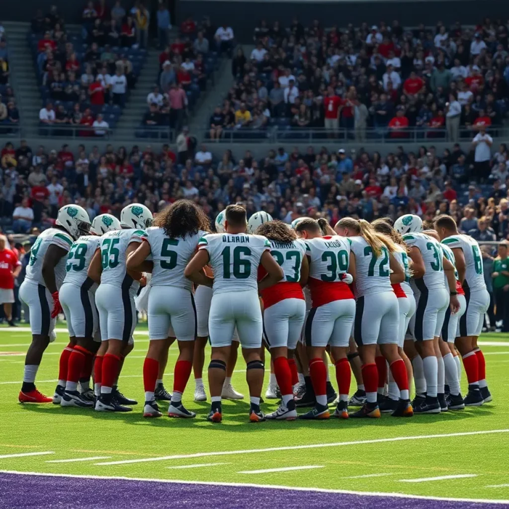 Centennial High football team huddled together on the field