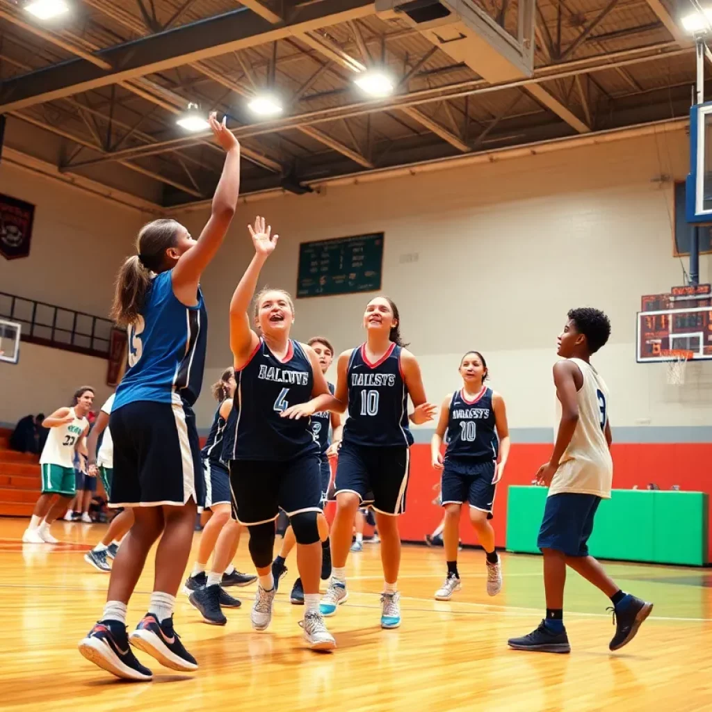 Youth basketball team celebrating on the court