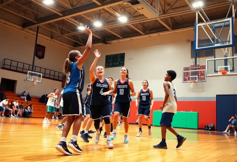 Youth basketball team celebrating on the court