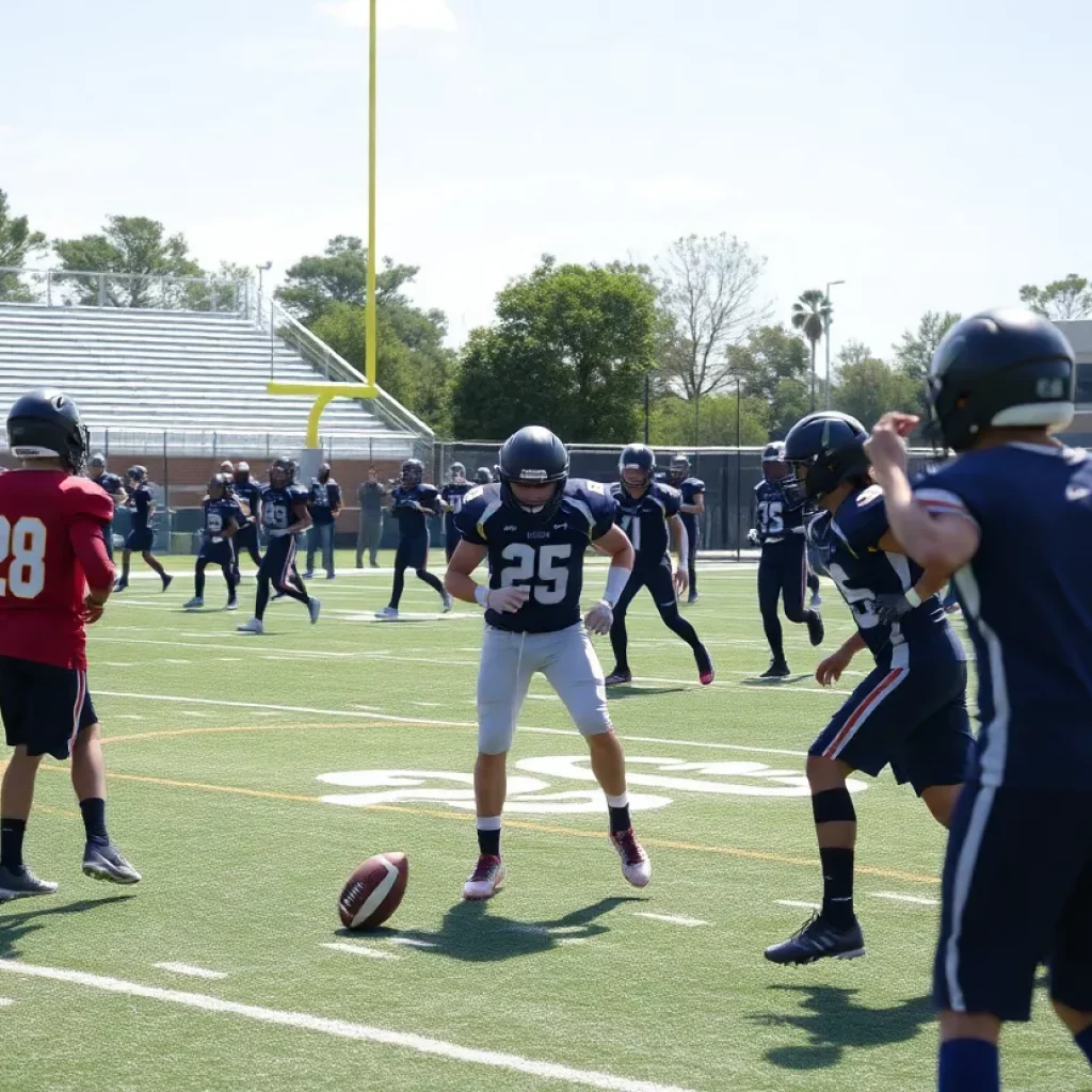 High school athletes demonstrating football skills at the CIAC showcase.